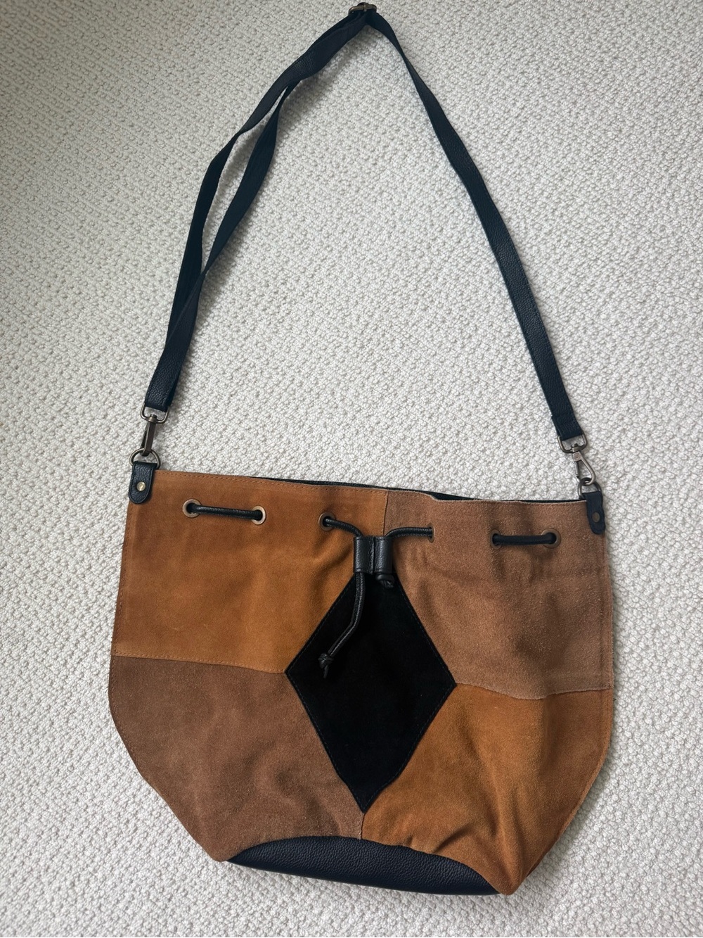 Free People Suede Patchwork Shoulder Bag - Brown with Black Accent